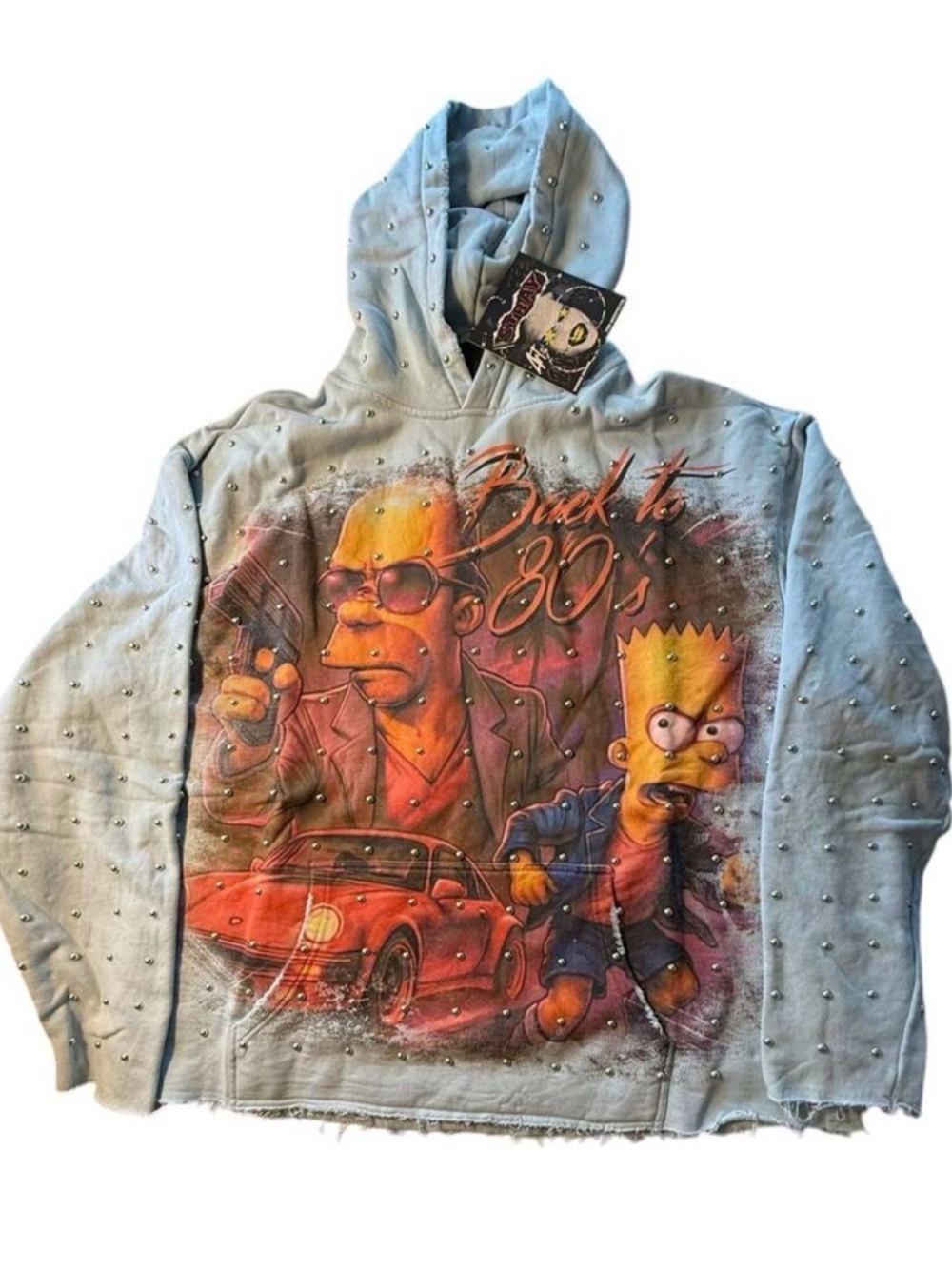 😆80’s😆 Stray Bart and Homer Simpson Back to 80s' Graphic Studded Hoodie - Size S